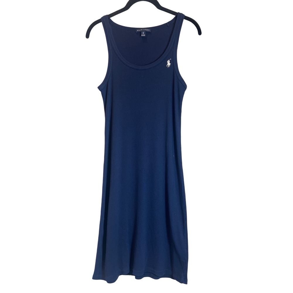 Ralph Lauren Navy Blue Ribbed Pima Cotton Tank Dress Medium Pony Logo Sleeveless - Picture 1 of 4